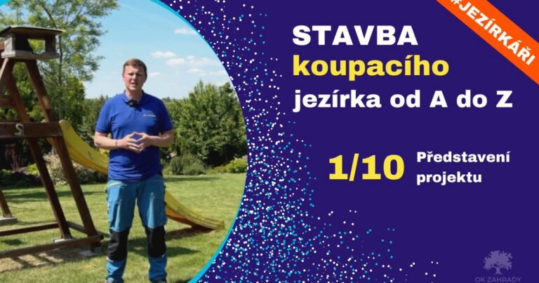 Stavba koupacího jezírka svépomocí — záběr z videa OK ZAHRADY, výkop a příprava terénu pro jezírko 30 m³