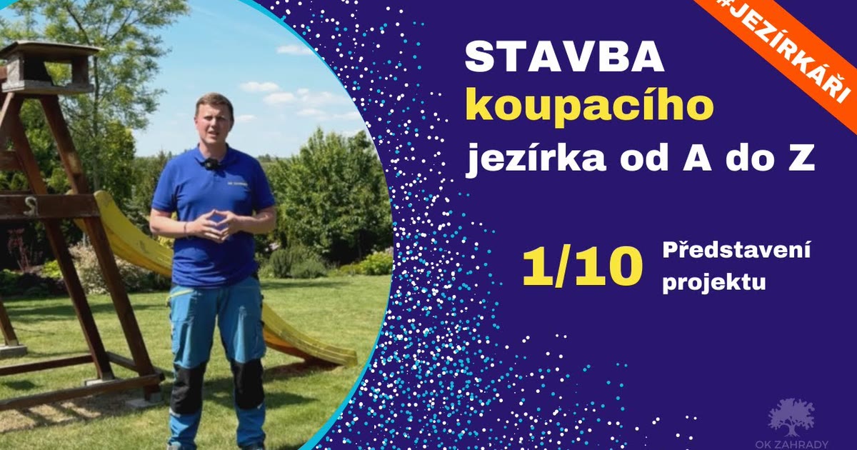 Stavba koupacího jezírka svépomocí — záběr z videa OK ZAHRADY, výkop a příprava terénu pro jezírko 30 m³