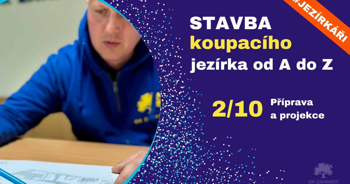 Návrh a projekce koupacího jezírka — záběr z videa OK ZAHRADY, plánování umístění a velikosti jezírka 30 m³ na zahradě