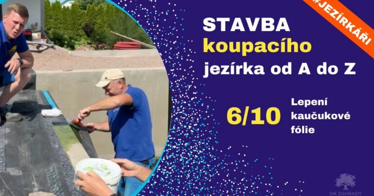 Lepení kaučukové EPDM fólie Firestone v koupacím jezírku — záběr z videa OK ZAHRADY, spoj dvou pásů fólie systémem QuickSeam