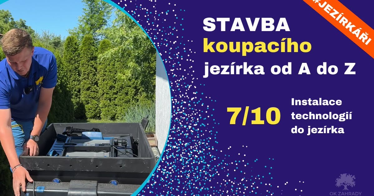 Instalace technologií do koupacího jezírka — čerpadlo, UV lampa a průtoková filtrace, záběr z videa OK ZAHRADY