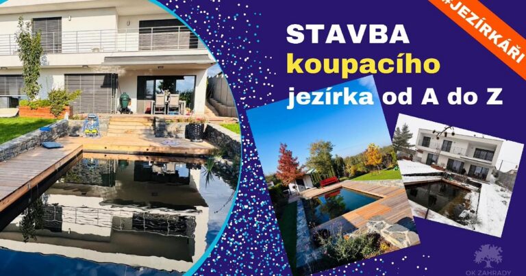 Hotové koupací jezírko 30 m³ postavené svépomocí — záběr z videa OK ZAHRADY shrnujícího celou stavbu od A do Z